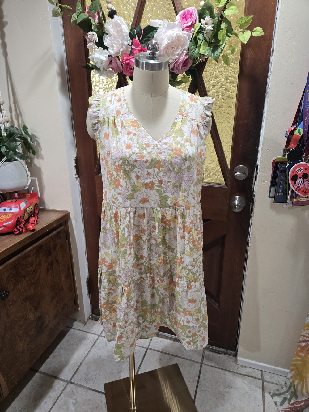 NWT JODIFL White Floral V-Neck Tiered Mini Dress with Orange and Green Print